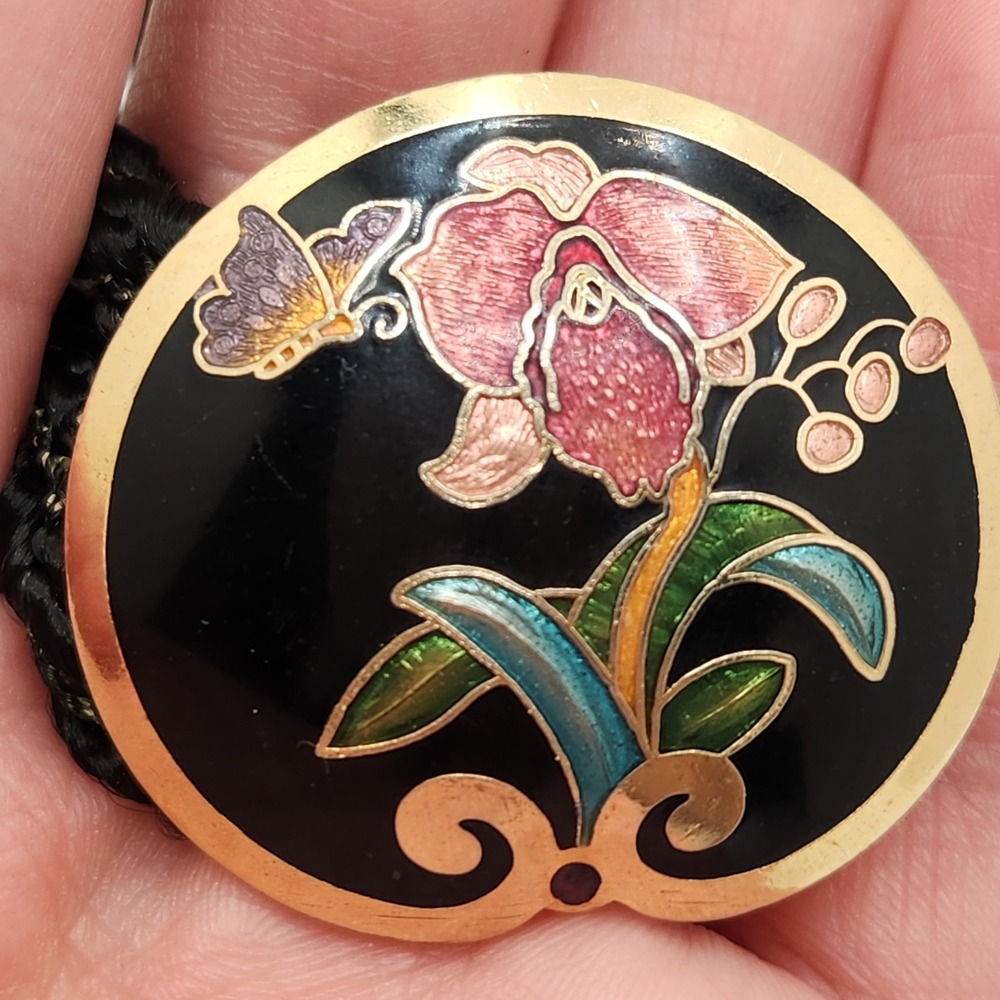 Vintage Cloisonne Enamel Orchid Butterfly Black Braided Cord Adjustable Belt 42"